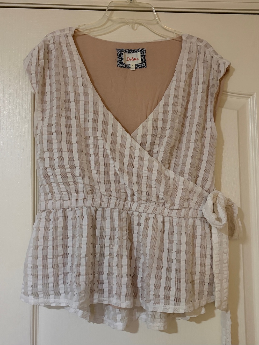 White and Beige Striped Wrap Peplum Top
